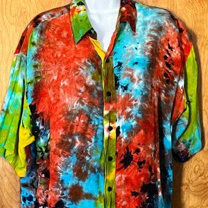 Vintage Agapo cotton short sleeve button down multi colored top - tie dye look